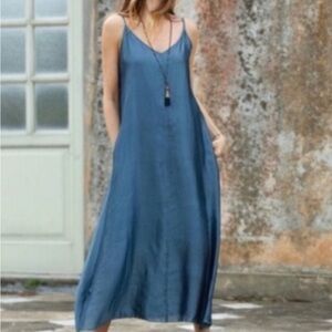 Peruvian Connection 100% Silk Margot Slip Dress Dusty Blue Size L